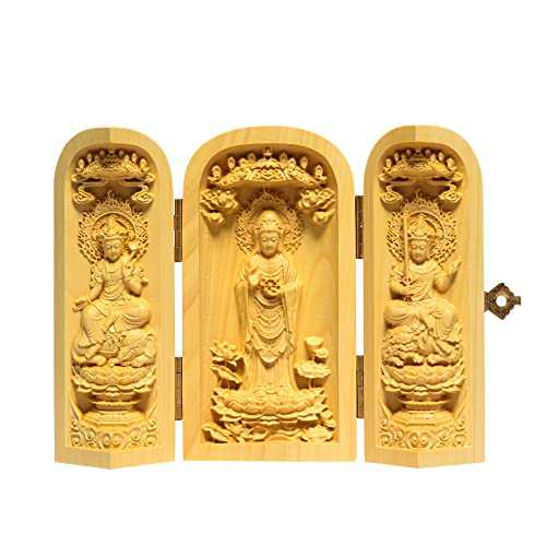 仏像 三開仏 観音像 木彫り ミニ 仏壇 仏箱 仏龕 置物 （高さ10cm×巾・・・