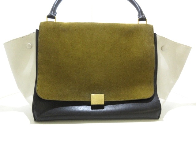 セリーヌ CELINE ハンドバッグ レディース トラペーズ 黒×白×カーキ 