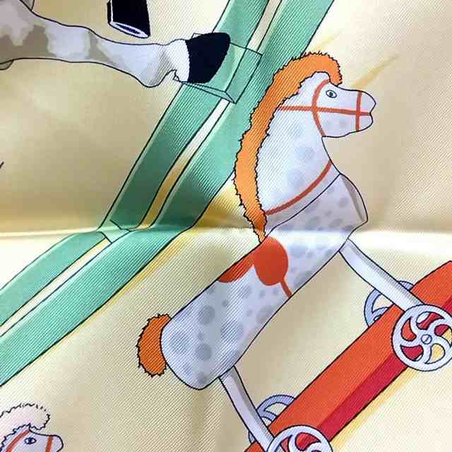 エルメス HERMES スカーフ レディース カレ90 イエロー×オレンジ×マルチ Raconte moi Le  Cheval/お馬の話をして【中古】20230921