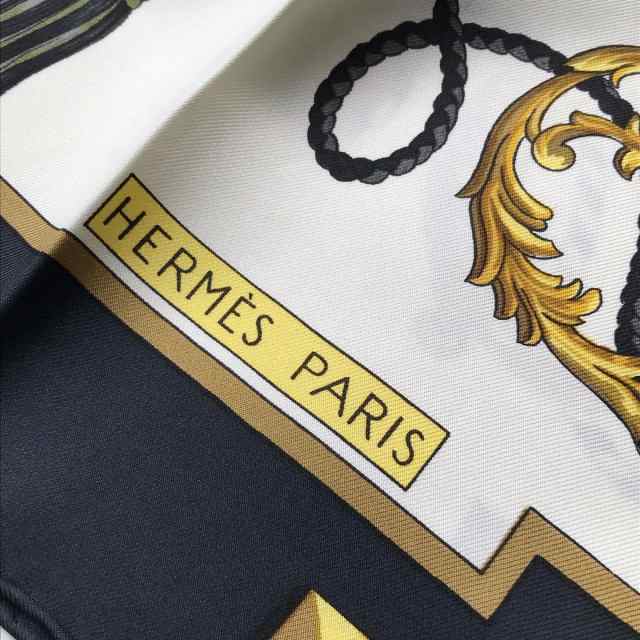 エルメス HERMES スカーフ レディース カレ90 アイボリー×黒×マルチ キー(鍵)/タッセル シルク【中古】20230908