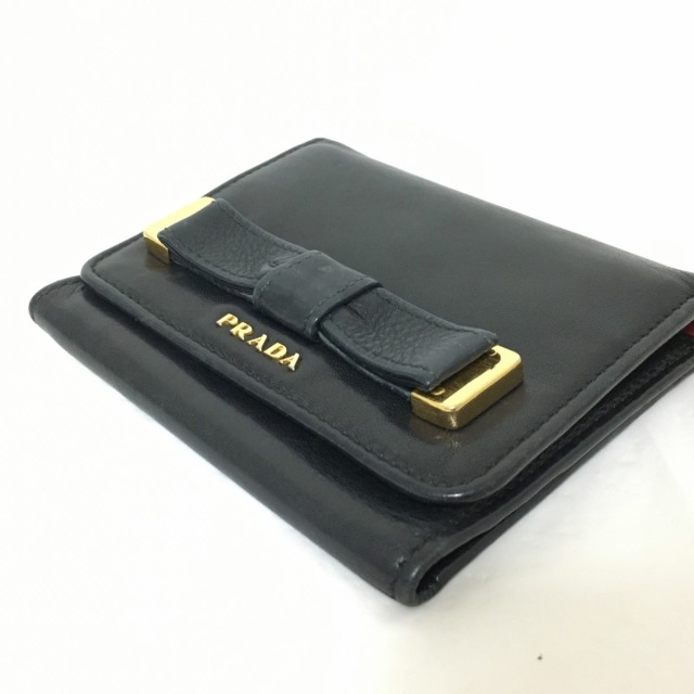 プラダ PRADA 3つ折り財布 レディース - 黒×ゴールド リボン レザー