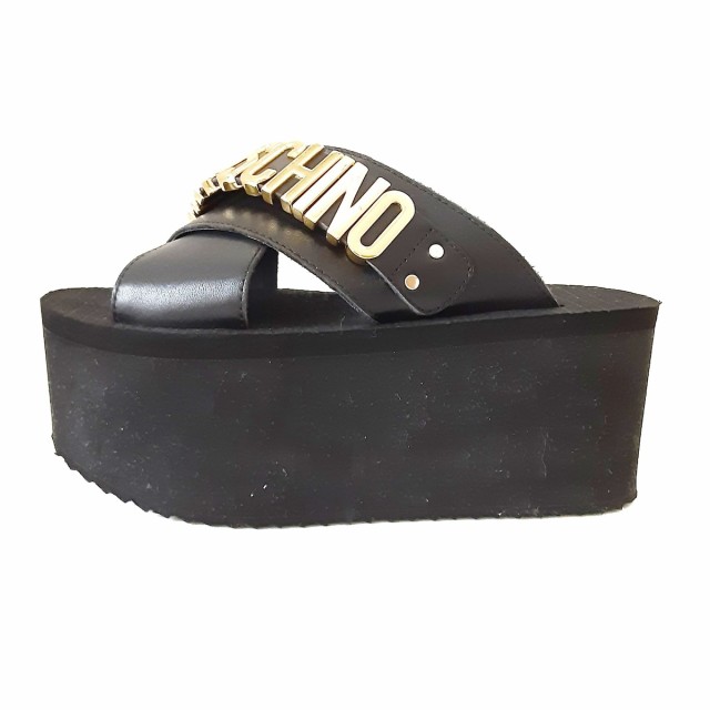 MOSCHINO Wedge Sandals モスキーノ ウェッジサンダル 厚底サンダル バックル ロゴ レザー ブラック×ホワイト サイズ35【231003】【-B】【me04】