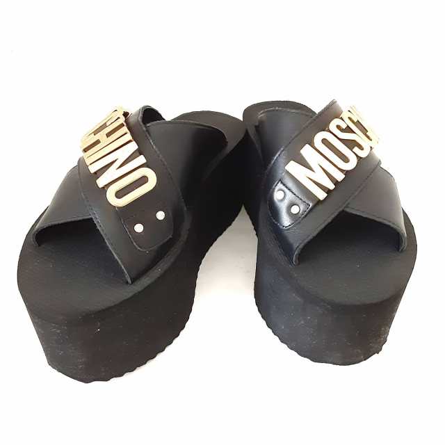 MOSCHINO Wedge Sandals モスキーノ ウェッジサンダル 厚底サンダル バックル ロゴ レザー ブラック×ホワイト サイズ35【231003】【-B】【me04】