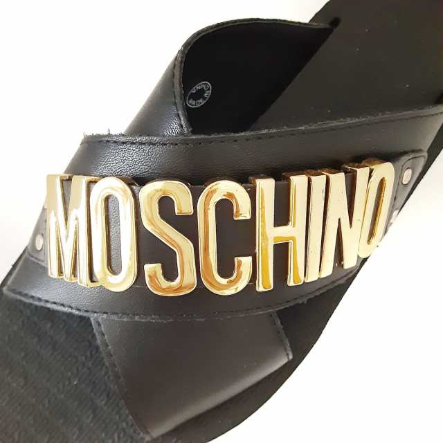 MOSCHINO Wedge Sandals モスキーノ ウェッジサンダル 厚底サンダル バックル ロゴ レザー ブラック×ホワイト サイズ35【231003】【-B】【me04】