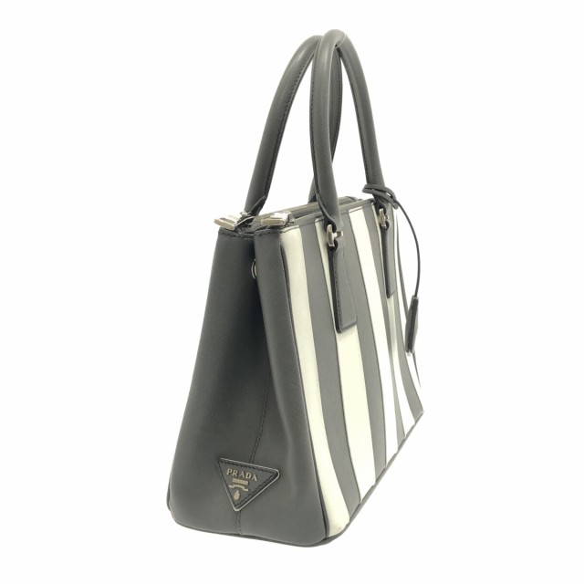 プラダ PRADA トートバッグ レディース ガレリアスモールバッグ 1BA863 グレー×白 ストライプ サフィアーノレザー 【中古】20230527