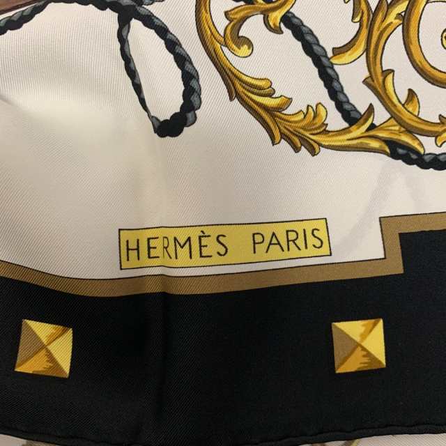 エルメス HERMES スカーフ レディース 美品 カレ90 黒×ゴールド×白