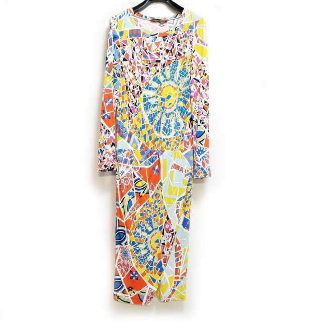 エミリオプッチ EMILIO PUCCI ワンピース サイズ38 S レディース - ブルー×オレンジ×マルチ  クルーネック/長袖/ロング【中古】20230926｜au PAY マーケット