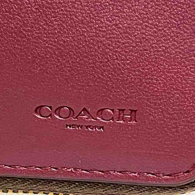 コーチ COACH 2つ折り財布 レディース 美品 シグネチャー柄 C6027 ダークブラウン×アイボリー ラウンドファスナー【中古】20230804