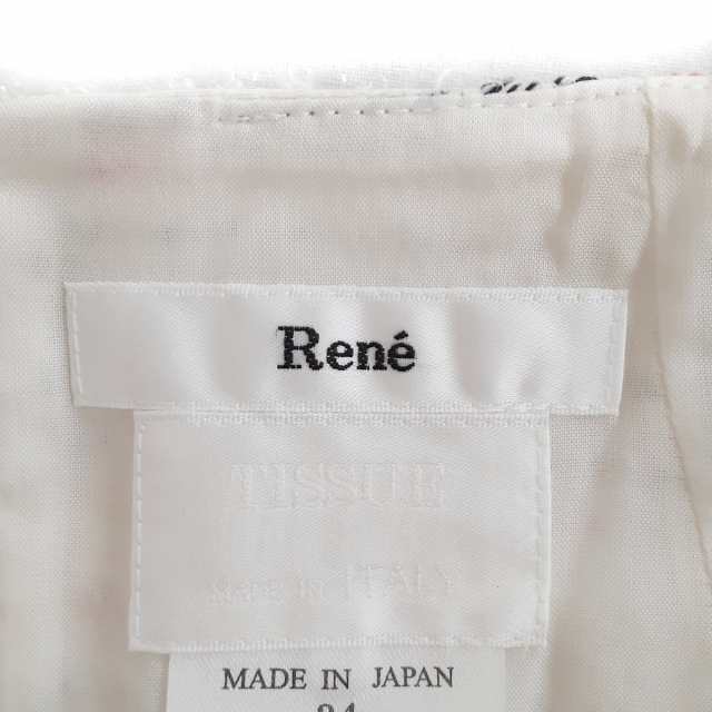 ルネ Rene ワンピース サイズ34 S レディース - 白×黒×マルチ  クルーネック/半袖/ひざ丈/ツイード/ボーダー/TISSUE【中古】20230908