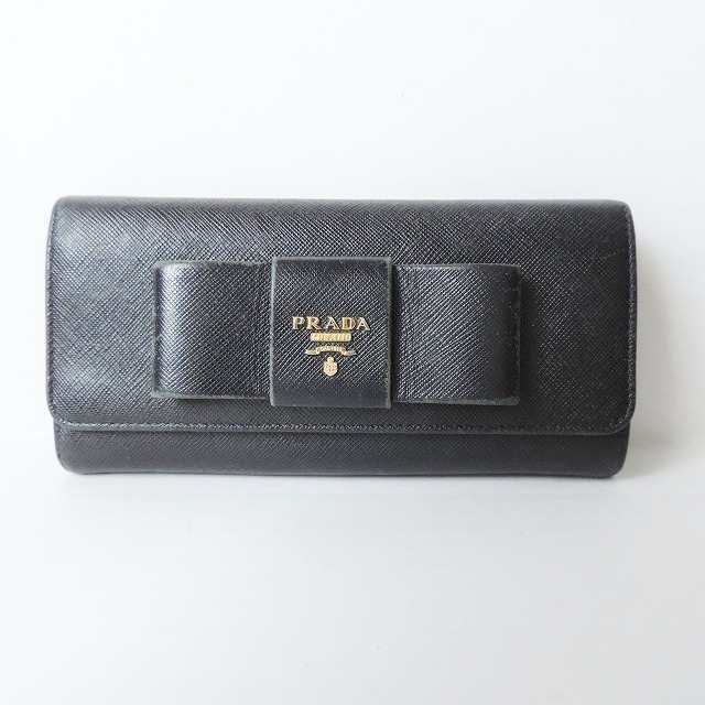 プラダ PRADA 長財布 レディース - 黒 リボン レザー【中古】20230926