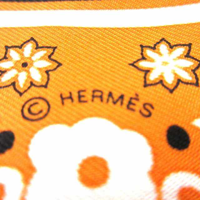 エルメス HERMES スカーフ レディース 美品 ツイリー オレンジ×白×黒 鳥、花柄【中古】20230911