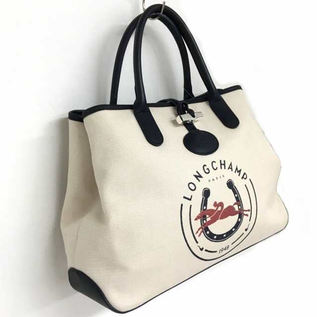 ロンシャン LONGCHAMP トートバッグ レディース ロゾ アイボリー×ダークネイビー×ボルドー キャンバス×レザー【中古】20231103