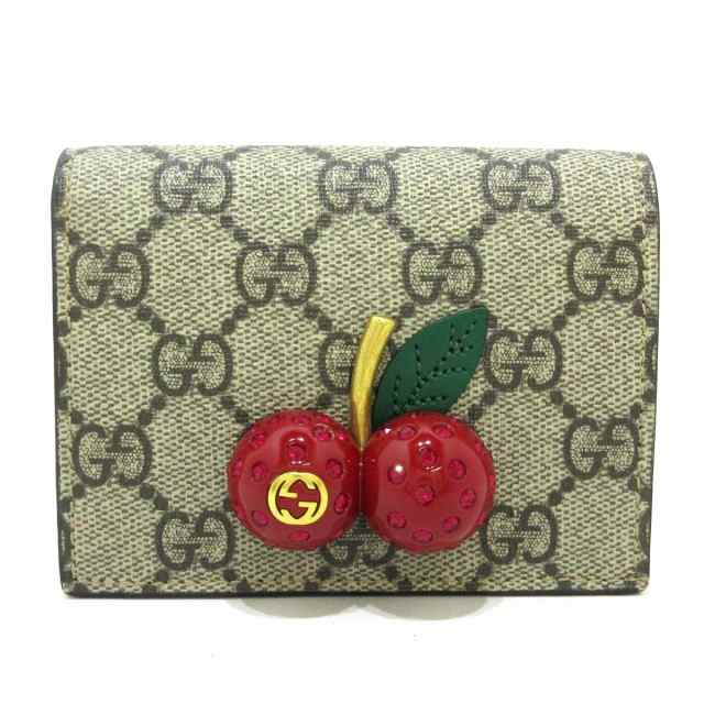 グッチ GUCCI 2つ折り財布 レディース 美品 GGプラス・GGスプリーム,チェリー 476050  ベージュ×ダークブラウン×マルチ【中古】20231009｜au PAY マーケット