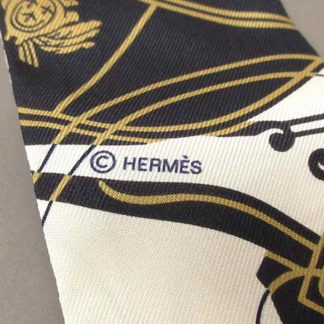 エルメス HERMES スカーフ レディース 美品 ツイリー 白×ネイビー リボンスカーフ【中古】20231028