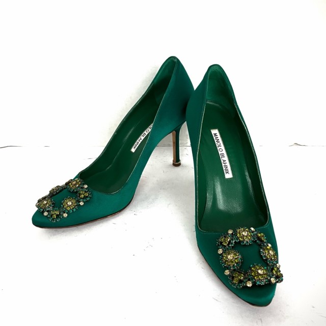 マノロブラニク MANOLO BLAHNIK パンプス 37 レディース ハンギシ グリーン ビジュー サテン【中古】20230912