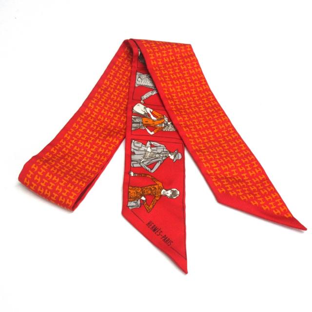 エルメス HERMES スカーフ レディース 美品 ツイリー レッド×オレンジ  