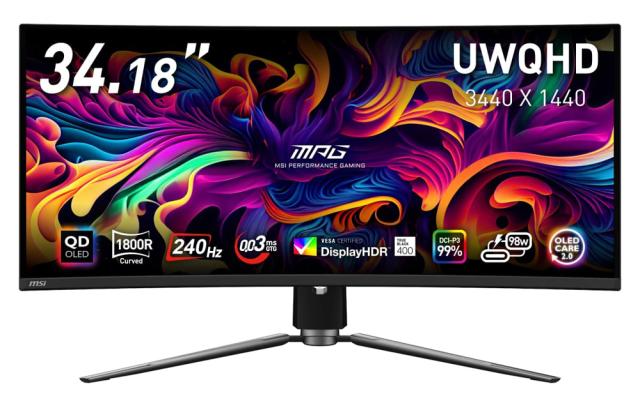 MSI MPG-341CQPX-QD-OLED ゲーミング液晶ディスプレイ(34.18型/曲面型/QD-OLED/UWQHD 3440×1440/240Hz/0.03ms/HDR400/HDMI2.1/DP1.4a/USB TYPE-C/VESA/PIP・PBP対応/3年保証)(ブラック)[MPG341CQPXQDOLED] 返品種別Aの通販は