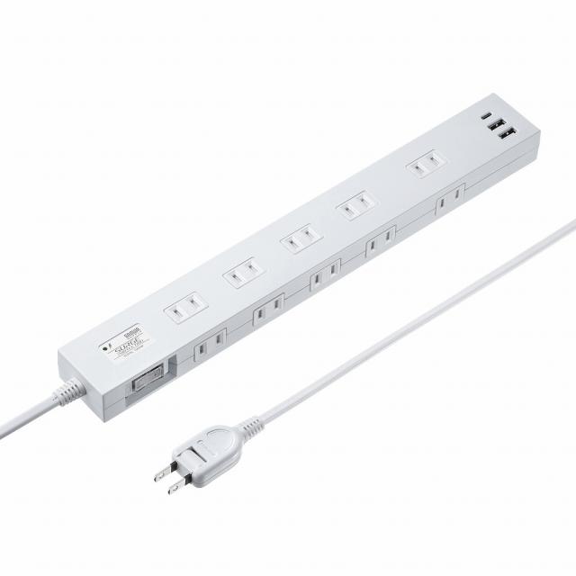 サンワサプライ TAP-SP2110NUC-1W 雷タップ 10個口＋USB-A＋Type-C（PD20W）ホワイト・1m[TAPSP2110NUC1W] 返品種別Aの通販は