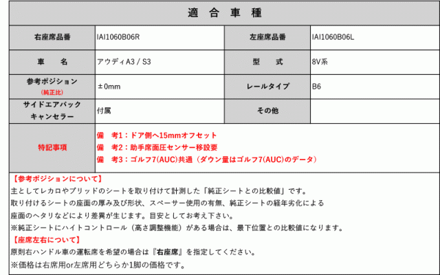 [BRIDE_MOタイプ]8V系 アウディA3 / S3用シートレール(6ポジション)[N SPORT製][保安基準適合]