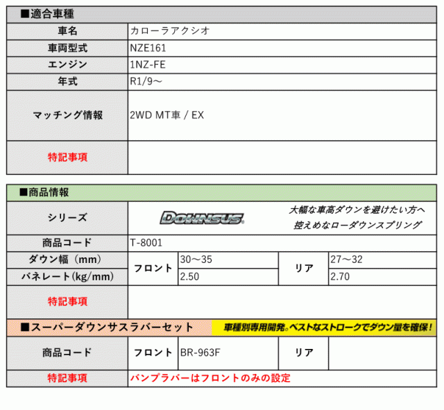 [エスペリア]NZE161 カローラアクシオ_EX(2WD MT車_R1/9〜)用ダウンサス＆バンプラバー[車検対応]の通販は