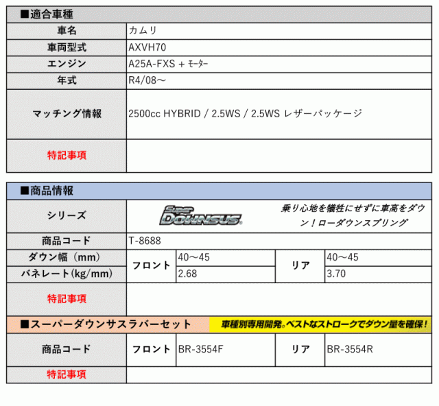 [エスペリア]AXVH70 カムリ_2.5WS / 2.5WS レザーパッケージ(2WD 2.5L_R4/8〜)用スーパーダウンサス＆バンプラバー[車検対応]