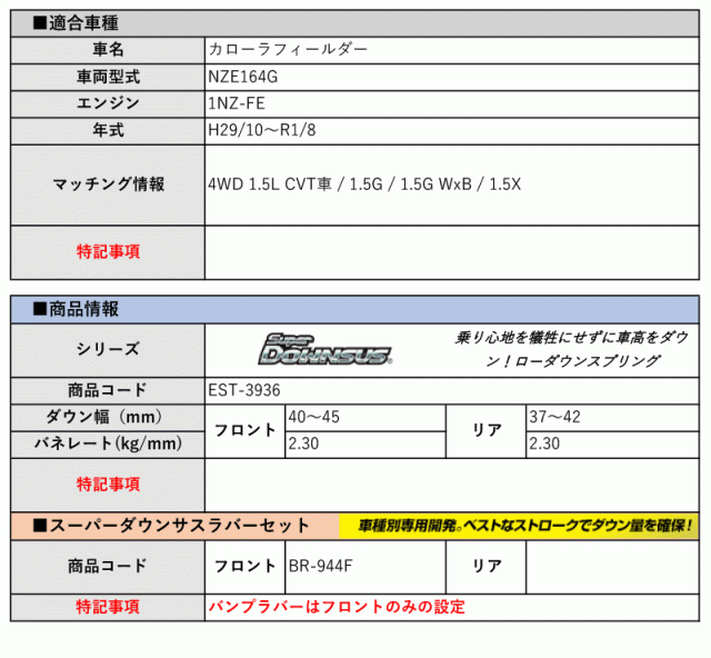 [エスペリア]NZE164G カローラフィールダー_1.5G / 1.5G WxB / 1.5X(CVT車_H29/10〜R1/8)用スーパーダウンサス＆バンプラバー[車検対応]の通販は