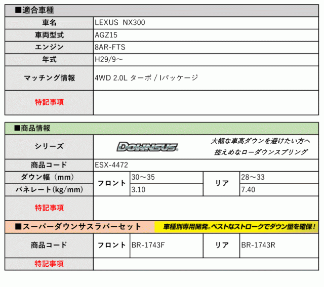 [エスペリア]AGZ15 レクサスNX300_Iパッケージ(H29/9〜)用ダウンサス＆バンプラバー[車検対応]の通販は
