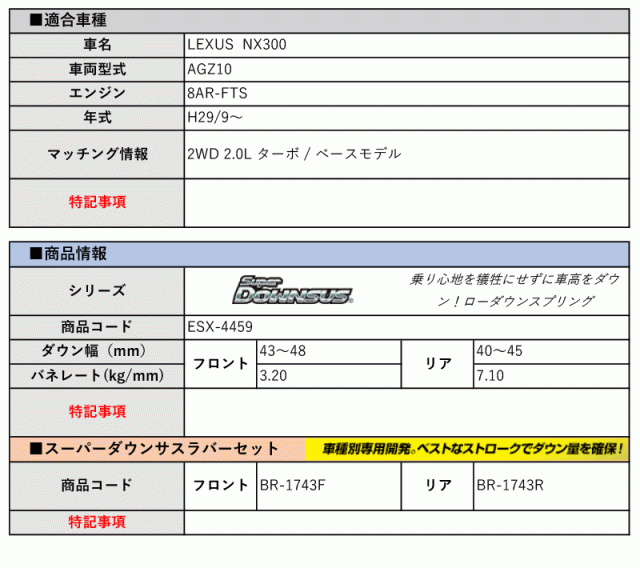 [エスペリア]AGZ10 レクサスNX300_ベースモデル(H29/9〜)用スーパーダウンサス＆バンプラバー[車検対応]の通販は
