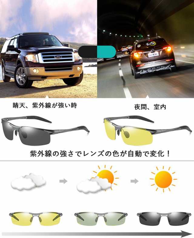 調光サングラス 偏光 調光 夜間 運転 サングラス メンズ UV