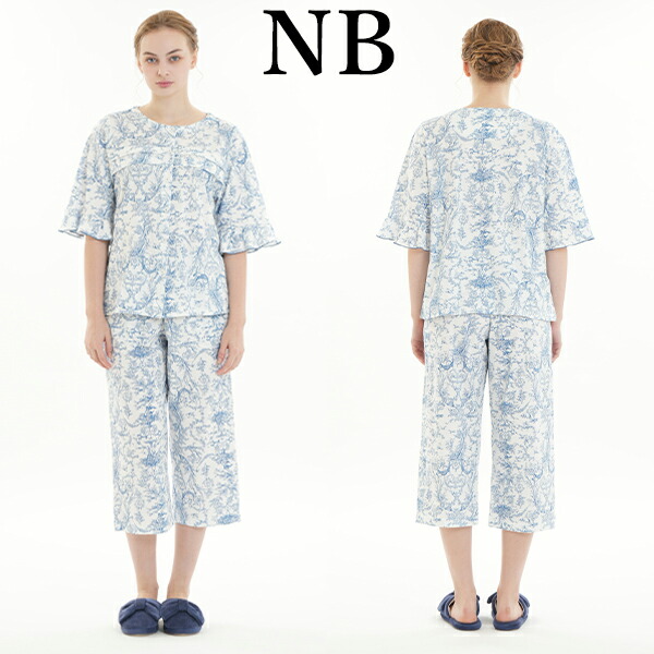 ナルエー narue  パジャマ 26-31417 女性用 レディース ルームウェア セットアップ コットン天竺 トワルドジュイ タックパジャマ 綿100% 半袖 8分丈 かぶりタイプ M-Lサイズ フリーサイズ 春 夏 秋 母の日 敬老の日 プレゼント ラッピング ギフト_1