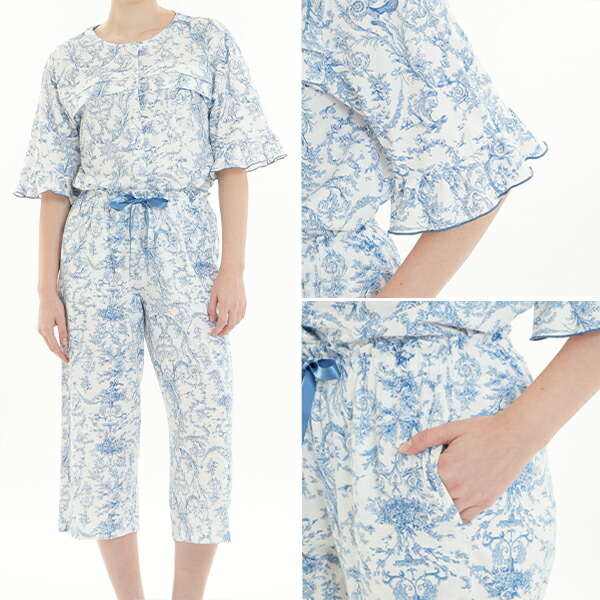 ナルエー narue  パジャマ 26-31417 女性用 レディース ルームウェア セットアップ コットン天竺 トワルドジュイ タックパジャマ 綿100% 半袖 8分丈 かぶりタイプ M-Lサイズ フリーサイズ 春 夏 秋 母の日 敬老の日 プレゼント ラッピング ギフト_2