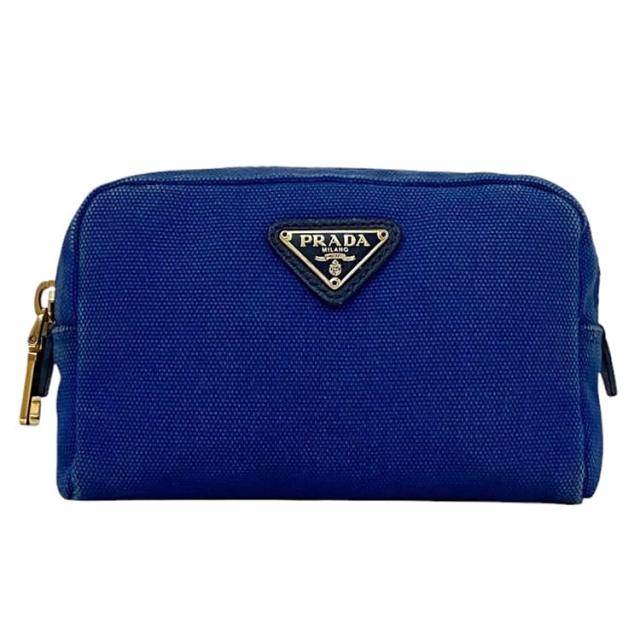 プラダ ポーチ ブルー 1NA021 小物入れ キャンバス 中古 42 PRADA ファスナー 青 三角 ロゴ プレート メンズ レディース 男女兼用 コスメ 化粧ポーチ 定番 人気 軽い ヴィンテージ ロゴ金具 ゴールド金具 布地
