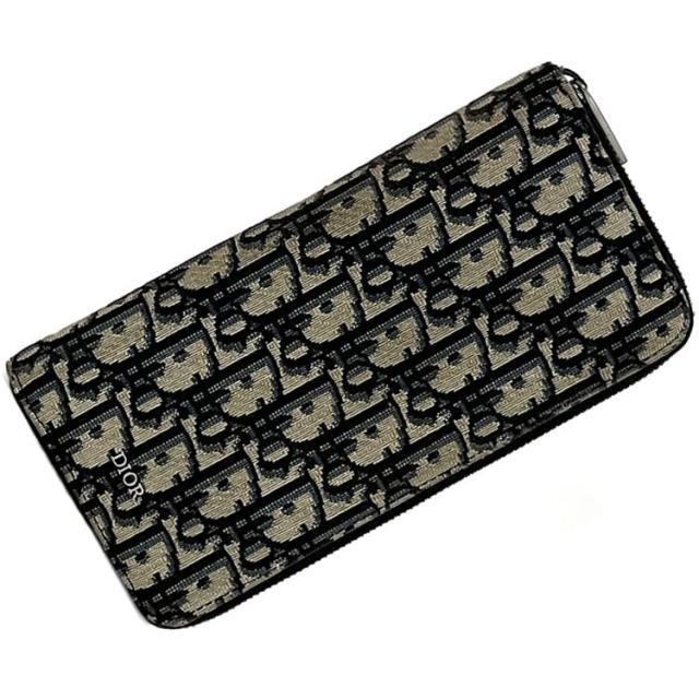 クリスチャン ディオール ラウンドファスナー 長財布 バーティカル ウォレット ベージュ ネイビー オブリーク 財布 美品 ジャガード キャンバス レザー 中古 Christian Dior ロゴ 刺繍 トロッター オーガナイザー 男性