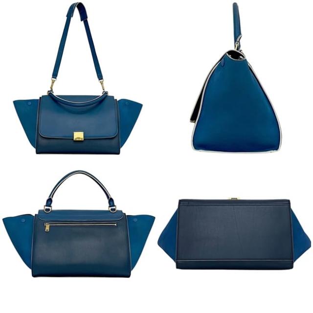 セリーヌ 2way バッグ トラペーズ ブルー ネイビー 美品 レザー 中古 S 