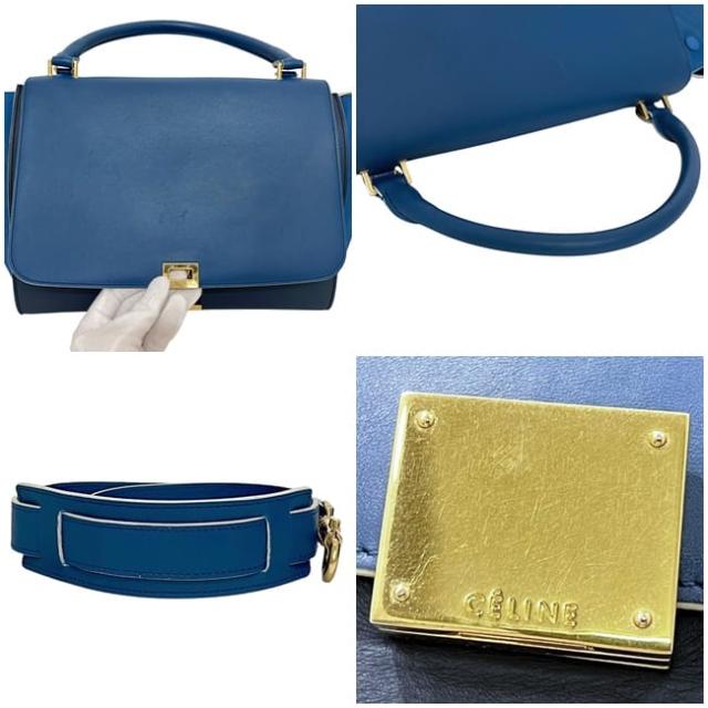 セリーヌ 2way バッグ トラペーズ ブルー ネイビー 美品 レザー 中古 S 