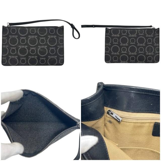 サルヴァトーレ フェラガモ トートバッグ ブラック シルバー ガンチーニ EX-21 7396 ポーチ付き PVC レザー 中古 Salvatore Ferragamo 軽い ハンドバッグ ロゴ 総柄 トート 黒 メンズ レディース 定番 サルヴァトーレ フェラガモ トートバッグ ブラック シルバー