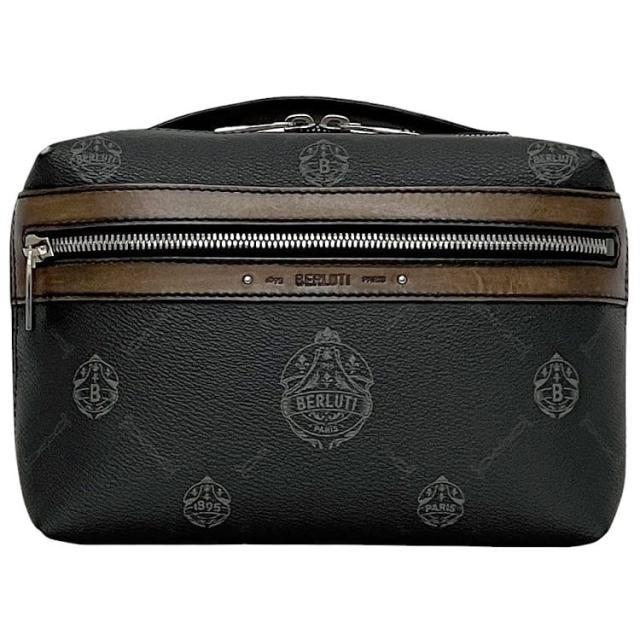 ベルルッティ ポーチ ヴィレ ネイビー ブラウン 美品 コーティングキャンバス パティーヌレザー 中古 Q0230 BERLUTI クラッチバッグ セカンドバッグ ファスナー バニティ ハンドル 紺色 茶色 メンズ 男性 定番 人気 ロゴ