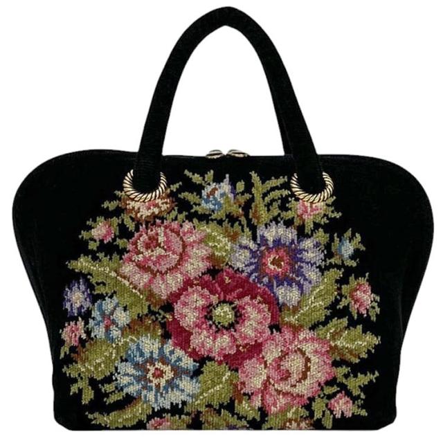 フェイラー ハンドバッグ ブラック 美品 シュニール織 中古 FEILER ファスナー 花柄 フラワー ミニボストン 定番 人気 女性 レディース 鞄 バッグ 黒色 黒 花 シンプル お洒落 エレガント ゴールド金具 小さい ミニ
