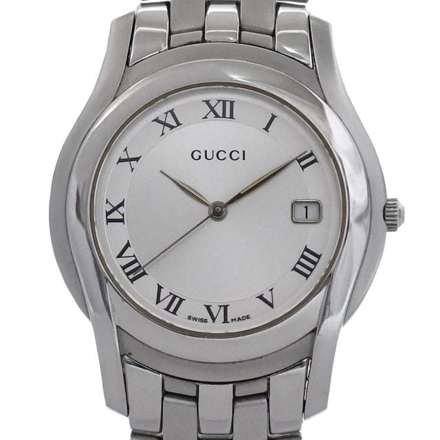 グッチ 腕時計 5500Ｍ シルバー ホワイト YA055305 メンズ 時計 SS 中古 クオーツ 0163*** GUCCI 男性 日付 電池式 白文字盤 動作確認済み 電池交換済み 定番 人気 ケース付き シンプル アナログ デイト