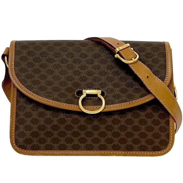 セリーヌ ショルダーバッグ ブラウン ベージュ マカダム クロスボディ PVC レザー 中古 DM93 CELINE フラップ ロゴ金具 斜め掛け 肩掛け メンズ レディース 男女兼用 茶色 シンプル ゴールド金具 ヴィンテージ ロゴ