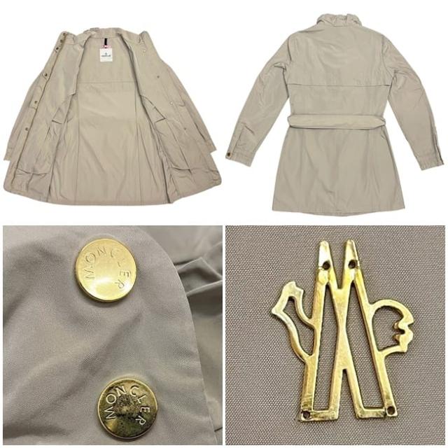 モンクレール コート ベージュグレー RN116347 サイズ1 クリーニング済み 美品 ポリエステル 100％ 中古 MONCLER ロング ファスナー ベルト付き レディース フードなし アパレル 衣類 長袖 アウター 薄手 ロゴ金具 モンクレール コート ベージュグレー RN116347 サイズ1 クリーニング