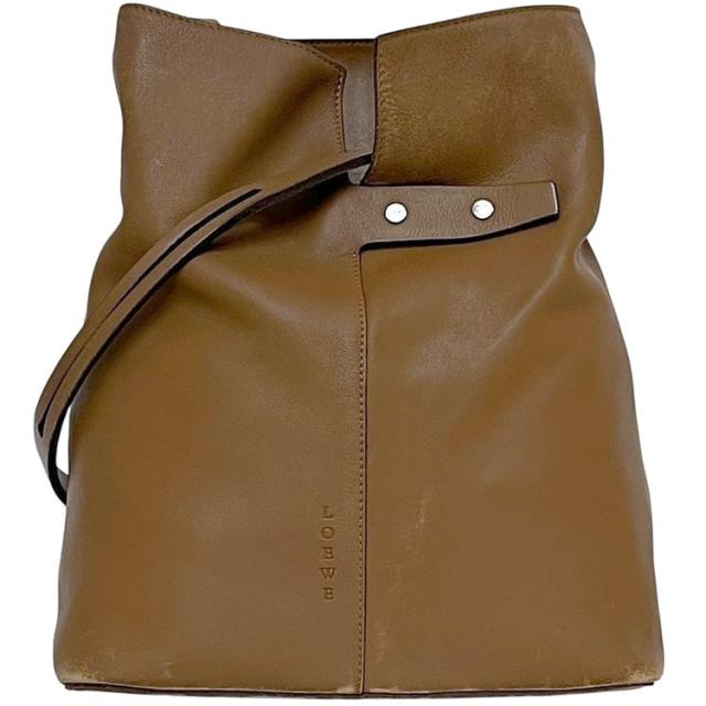 ロエベ ショルダーバッグ ブラウン 軽い レザー 中古 L20 LOEWE 肩掛け 茶色 本革 ヴィンテージ シンプル 本革 メンズ レディース 男女兼用 ロゴ刻印 シルバー金具 ロゴ金具 巾着バッグ ノットショルダー ブランド 本物