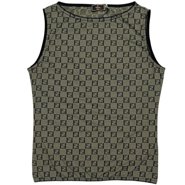 フェンディ ノースリーブ カーキグリーン ズッキーノ 52 409 001 未使用 美品 44 ナイロン ポリウレタン Sランク FENDI アパレル FF ロゴ 総柄 レディース 女性 アパレル 服 洋服 ヴィンテージ タンクトップ