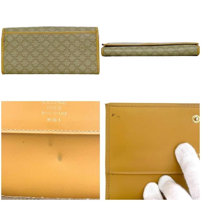 セリーヌ 二つ折り 長財布 ベージュ マカダム 財布 PVC レザー 中古 M16 1 CELINE ロゴ がま口 メンズ レディース 男女兼用 定番 人気 シンプル ホック ロング ウォレット 黄色 ヴィンテージ 革財布 CELINE - セリーヌ 二つ折り 長財布 ブラウン ベージュ マカダム 美品