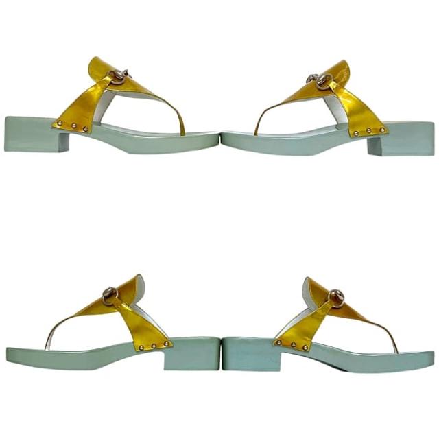グッチ サンダル ゴールド ライトブルー ホースビット 106 3011 美品 25.0cm ウッド レザー 中古 GUCCI アパレル レディース シューズ ロゴ 金具 水色 レディース 女性 ヴィンテージ シルバー金具 シンプル