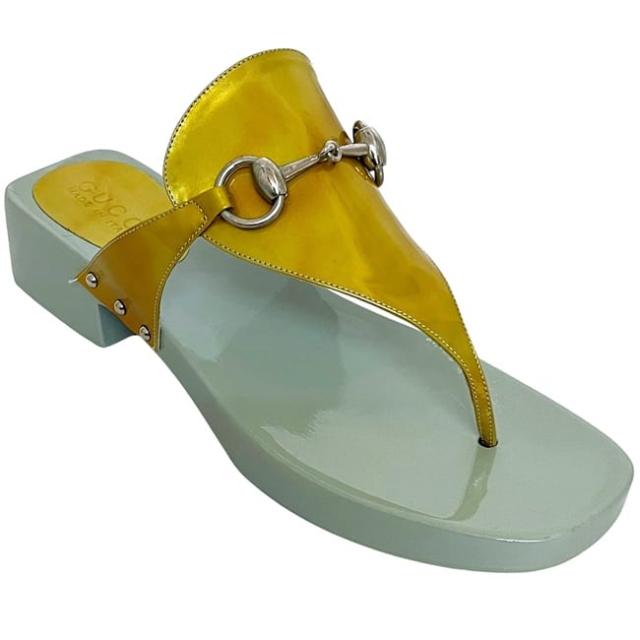 グッチ サンダル ゴールド ライトブルー ホースビット 106 3011 美品 25.0cm ウッド レザー 中古 GUCCI アパレル レディース シューズ ロゴ 金具 水色 レディース 女性 ヴィンテージ シルバー金具 シンプル