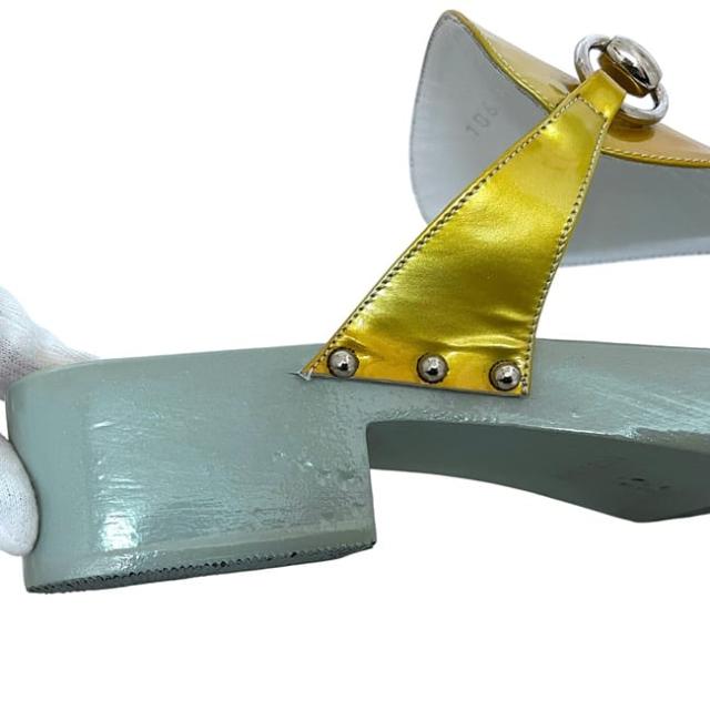 グッチ サンダル ゴールド ライトブルー ホースビット 106 3011 美品 25.0cm ウッド レザー 中古 GUCCI アパレル レディース シューズ ロゴ 金具 水色 レディース 女性 ヴィンテージ シルバー金具 シンプル