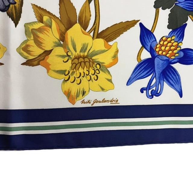 エルメス スカーフ カレ90 ホワイト ネイビー ヘラスの花 美品