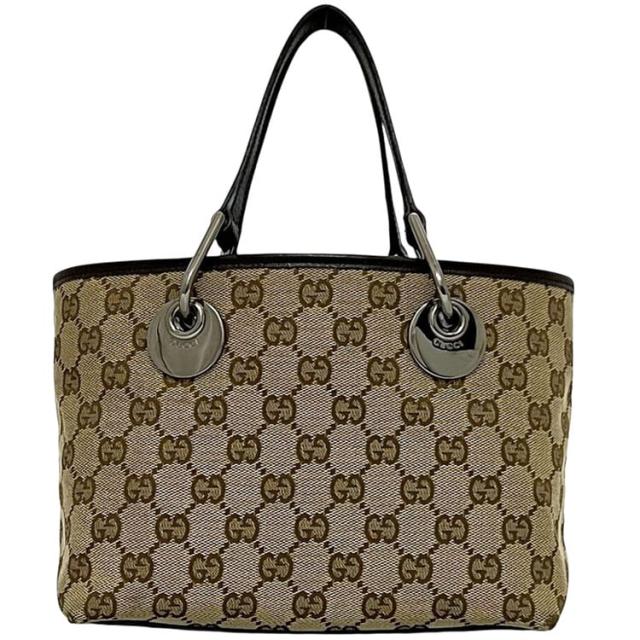 グッチ ミニ ハンドバッグ ベージュ ブラウン 120844 美品 キャンバス レザー 中古 002058 GUCCI トートバッグ ミニバッグ ミニトート GGキャンバス GG ロゴ 総柄 茶色 メンズ レディース 定番 人気