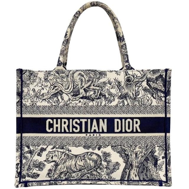 クリスチャン ディオール トートバッグ ブックトート ネイビー ホワイト 美品 ジャガード キャンバス 中古 50-MA-1222 Christian Dior 刺繍 白 紺色 ロゴ トラ 総柄 軽い スクエア 自立 メンズ レディース